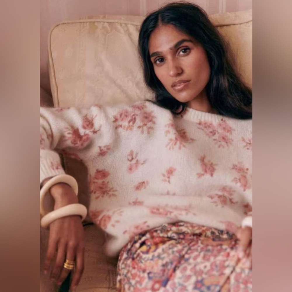 Sezane Cream Floral Knit Sweater with Pink Roses